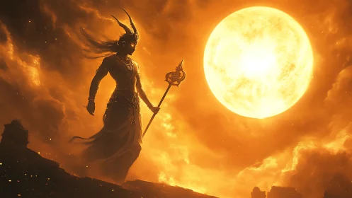 Solar god striding through flame-bright clouds toward destiny