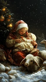 Young girl holding baby in snowy nativity scene at night.