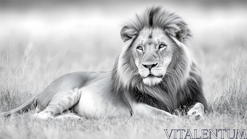 Black and white male lion resting in open grassland.