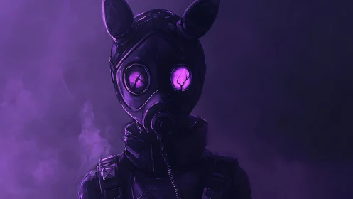 Masked figure with neon violet lens glow in toxic haze.