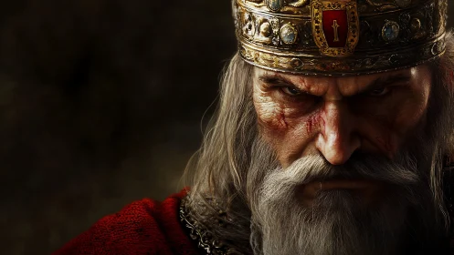 Battle-scarred king glares under ornate jeweled crown
