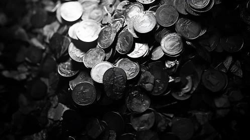 High-contrast macro study isolates reflective metal coins in shadow