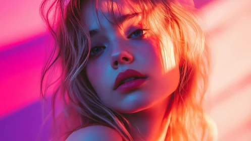 Portrait shows stylized female face in saturated gradient light