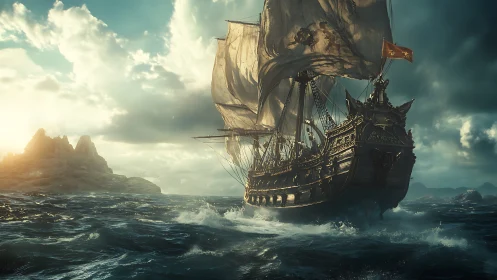 Tall sailing ship cuts through stormy sea at sunset.