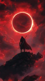 Fantasy warrior silhouetted below apocalyptic blood-red eclipse.