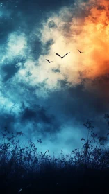 Digital painting of birds crossing a dual-toned twilight sky.