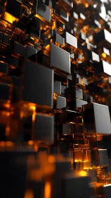 Volumetric black cubes with molten amber inner reflections.