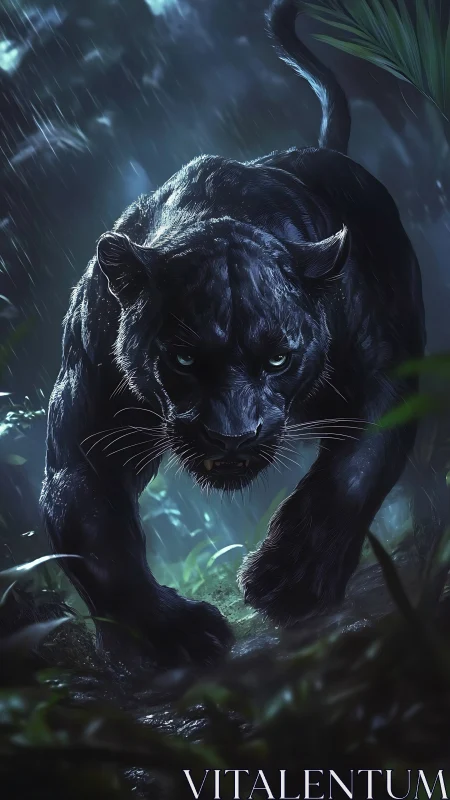 Black Panther in Rain-Soaked Jungle Setting.