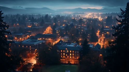 Foggy small city at dusk with glowing streetlights visible.