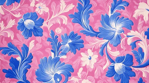 Blue floral motifs overlay uniform pink botanical background