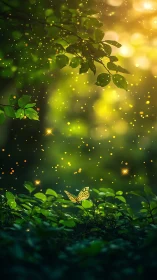 Luminous forest butterfly adrift in emerald firefly stardust.