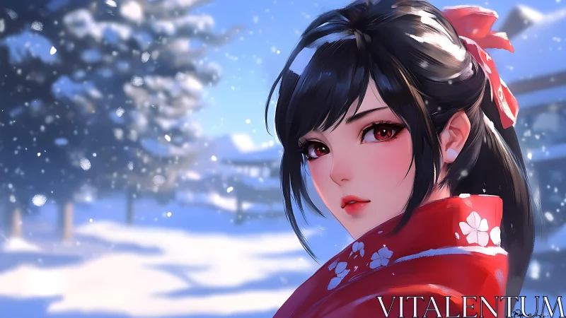 Anime winter portrait in red kimono, shallow-depth framing.