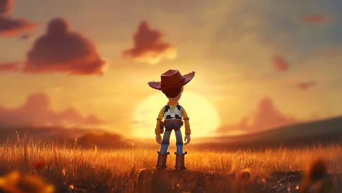 Sunset-bound toy cowboy watching the golden plains glow.