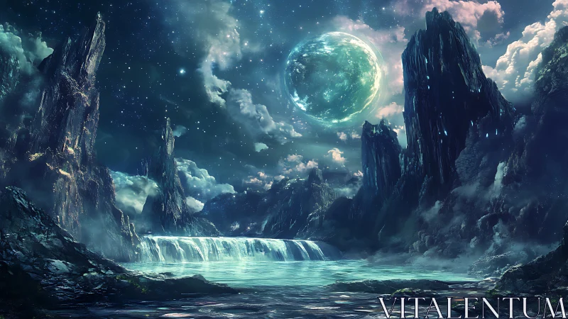 Alien moonrise illuminates crystalline cliffs and falls.