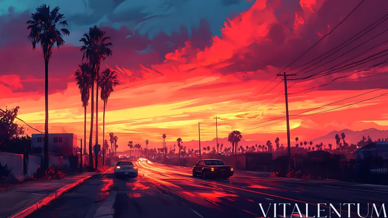Sunset drive under glowing palm trees and painted skies.