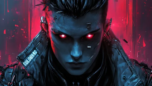 Cybernetic enforcer portrait with neon red bokeh and implants