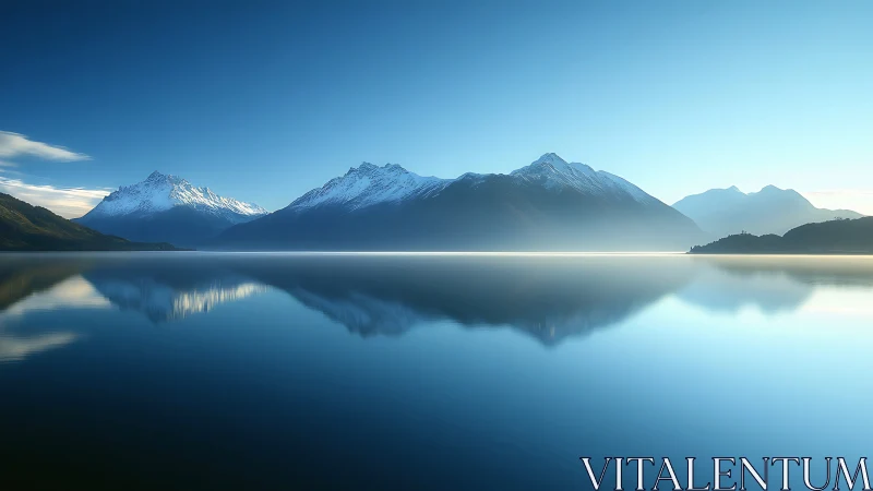 Snowcapped mountain range mirrored in tranquil blue lake.