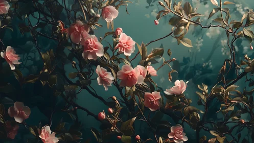 Pink roses bloom against teal atmospheric backdrop.