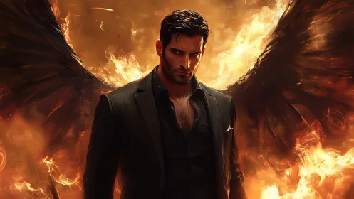 Dark angel emerges from blazing inferno with smoldering resolve
