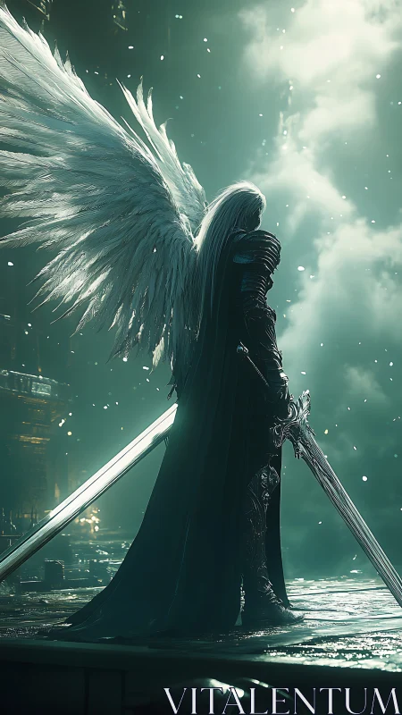 Winged dark knight stands vigilant with twin swords.