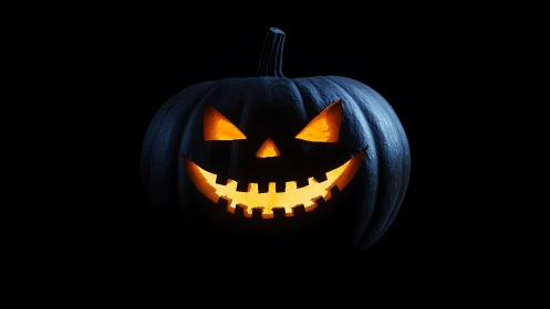 Glowing jack o lantern grins sharply in deep black void