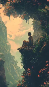 Solitary dreamer gazes across sunlit, misty canyon garden.