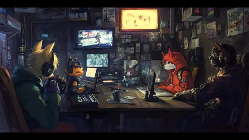Anthro gamers coordinate in cluttered neon-lit control room