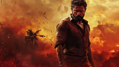 Battle-worn man in fiery cinematic landscape with smoke clouds