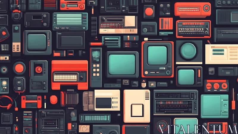 Grid layout of retro electronic devices in teal and orange.
