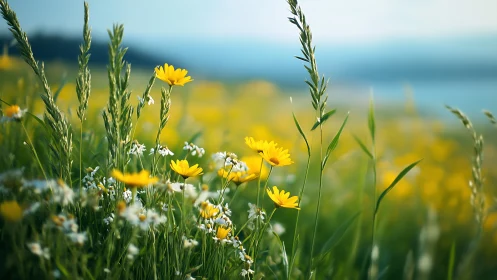 Wildflower Meadow With Yellow Blooms and Turquoise Sky