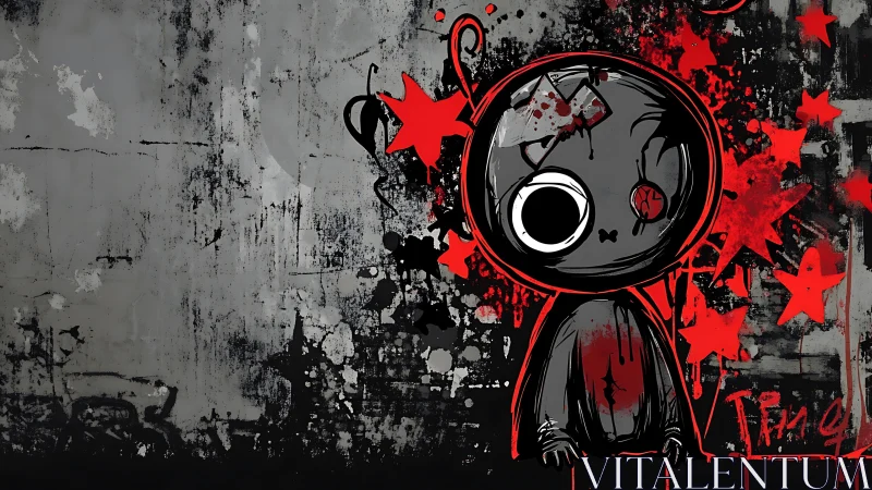 Dark cartoon figure against grungy red and gray wall.