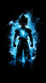 Silhouetted energy figure in blue cosmic style on black field.