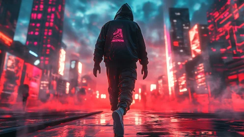Cyberpunk neon streetscape with hooded figure in motion.