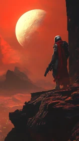 Lone armored wanderer surveys a blazing alien horizon.