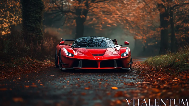 Scarlet supercar prowls a misty autumn forest lane in silence.