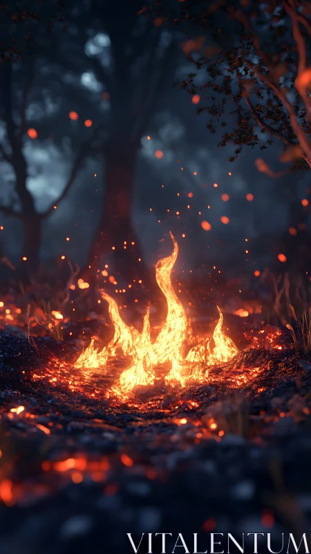 Wildfire Flames with Ember Particles Rising Through Twilight Forest
