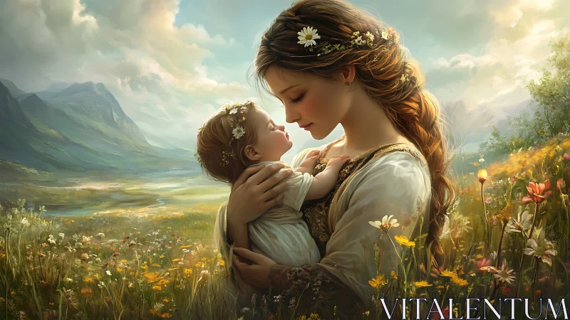 Mother and Child in Alpine Meadow.