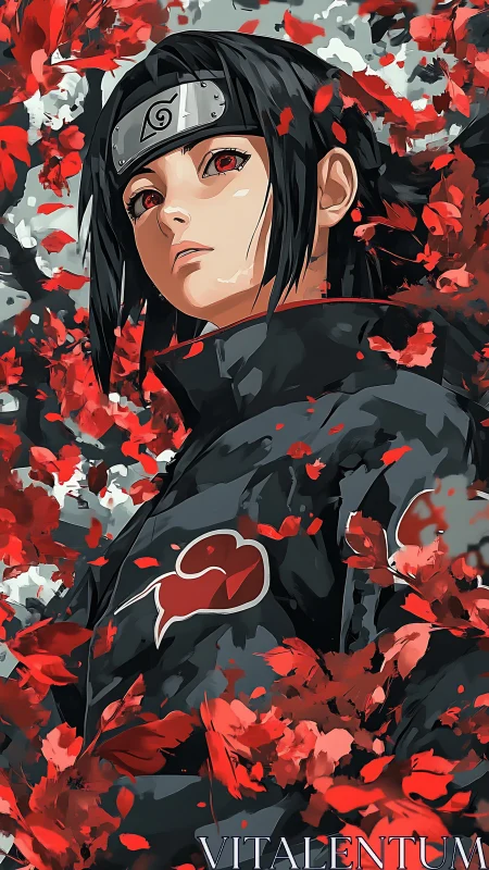 Crimson petals swirl around a thoughtful anime warrior