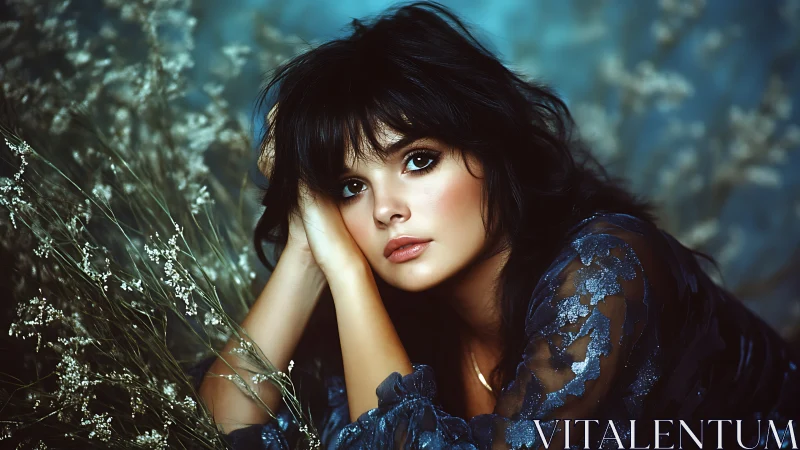 Dreamy brunette portrait in soft teal floral ambiance.