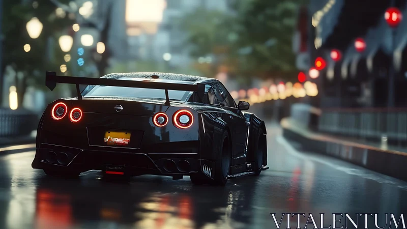 Black tuner sports car on wet neon city street at night.