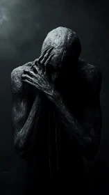 Dark humanoid figure covering face in shadowed environment.