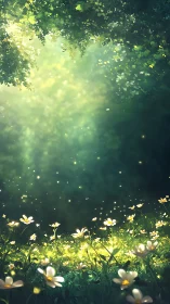 Backlit wildflower meadow rendered with volumetric forest lighting