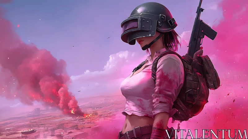Helmeted female soldier stands in pink smoke-filled battlefield