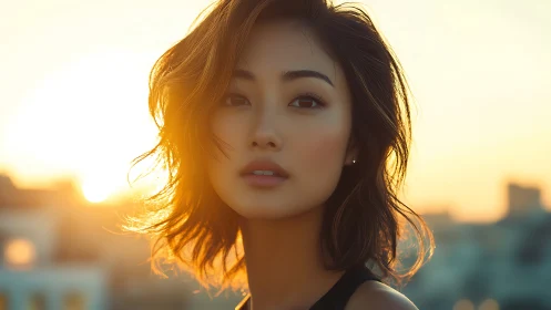 Photorealistic sunset portrait with soft backlit profile framing.