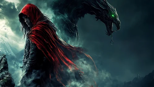 A brooding red-hooded wanderer stands before a looming dragon
