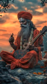 Mystic holy man plays stringed instrument at vivid sunset.