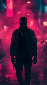 Silhouetted gunman in neon magenta fogged cyberpunk alley