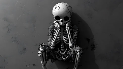 Cracked skull skeleton seated against distressed concrete wall