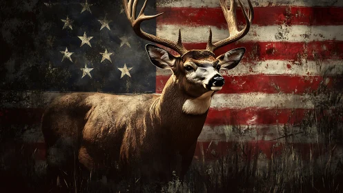 Stag with large antlers framed against worn US flag backdrop.
