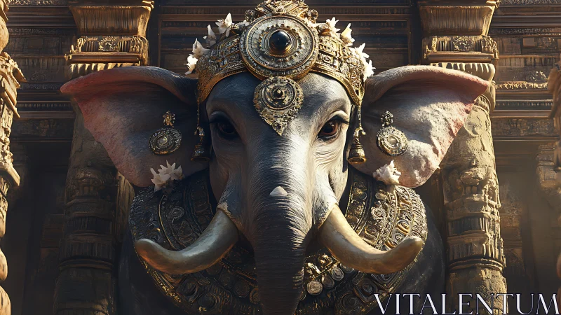 Regal elephant deity stands crowned in ornate golden temple.